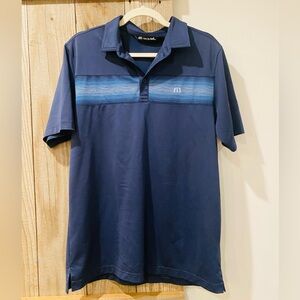 Travis Mathew Navy Polo with Blue Gradient Chest Stripes, Medium